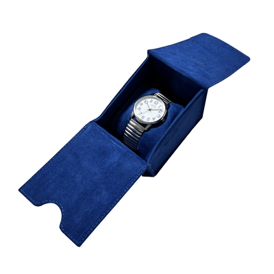 Esposizione di lusso dell'orologio della pelle scamosciata blu speciale